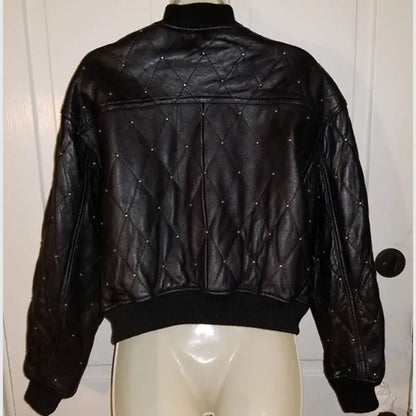 Black bomber women studded leather jacket