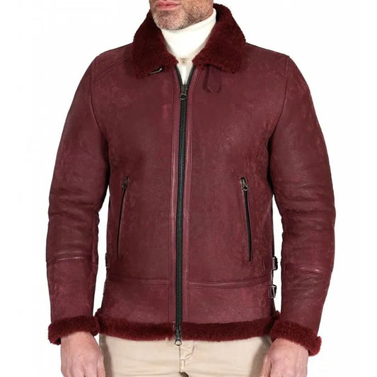 Bordeaux shearling lamb leather biker jacket