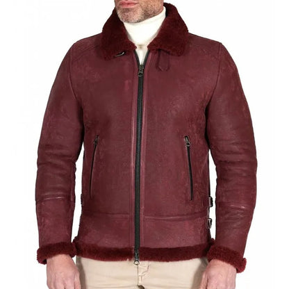 Bordeaux shearling lamb leather biker jacket