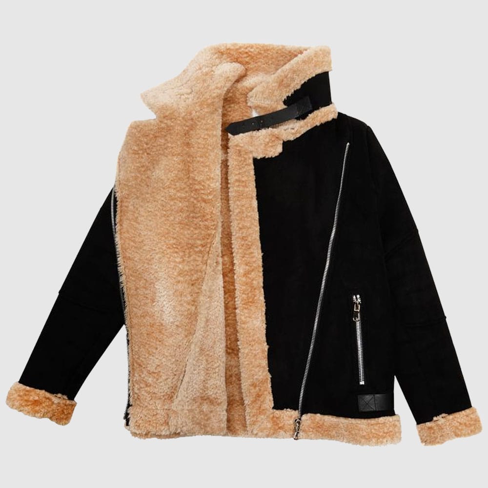 Charcoal Fashion Women’s Black Shearling Aviator Biker Jacket