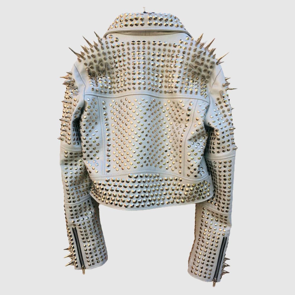 Comfortable White Color Brando Metal Spiked Leather Round Studs Jacket