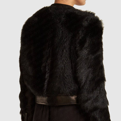 Contrast-Sleeve Shearling Biker Jacket