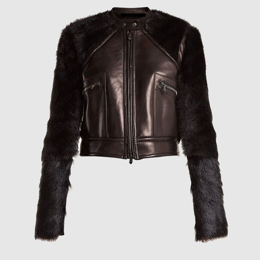 Contrast-Sleeve Shearling Biker Jacket