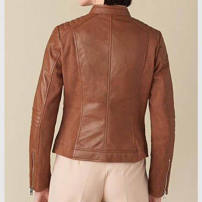 Emma Genuine Leather Jacket With Shoulder Detail