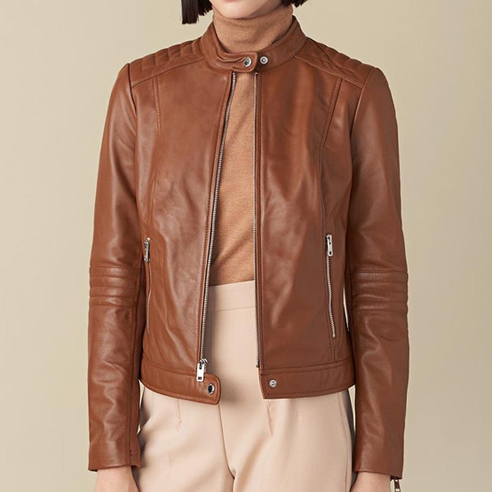 Emma Genuine Leather Jacket With Shoulder Detail