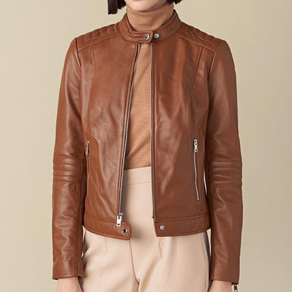 Emma Genuine Leather Jacket With Shoulder Detail