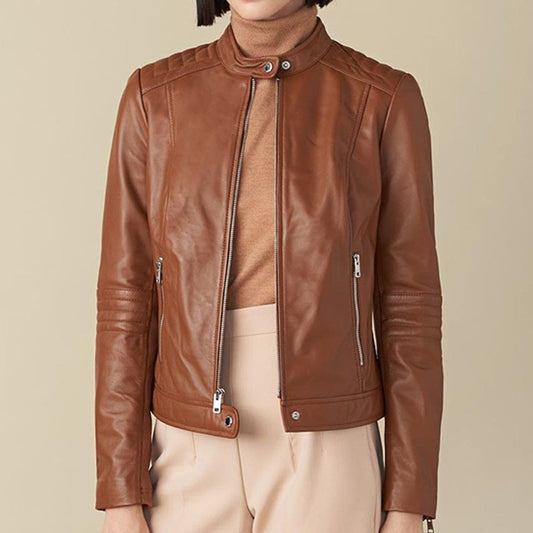 Emma Genuine Leather Jacket With Shoulder Detail