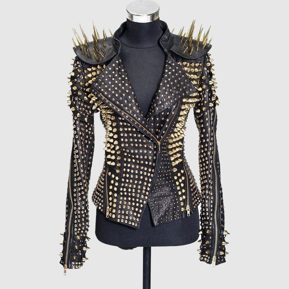Gold Spiked Punk Style Heavy Metal Real Leather Biker Cocktail Jacket