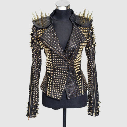 Gold Spiked Punk Style Heavy Metal Real Leather Biker Cocktail Jacket