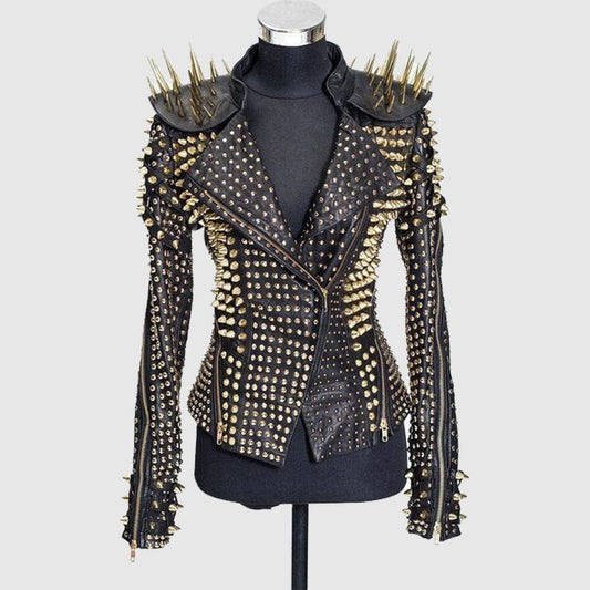 Gold Spiked Punk Style Heavy Metal Real Leather Biker Cocktail Jacket