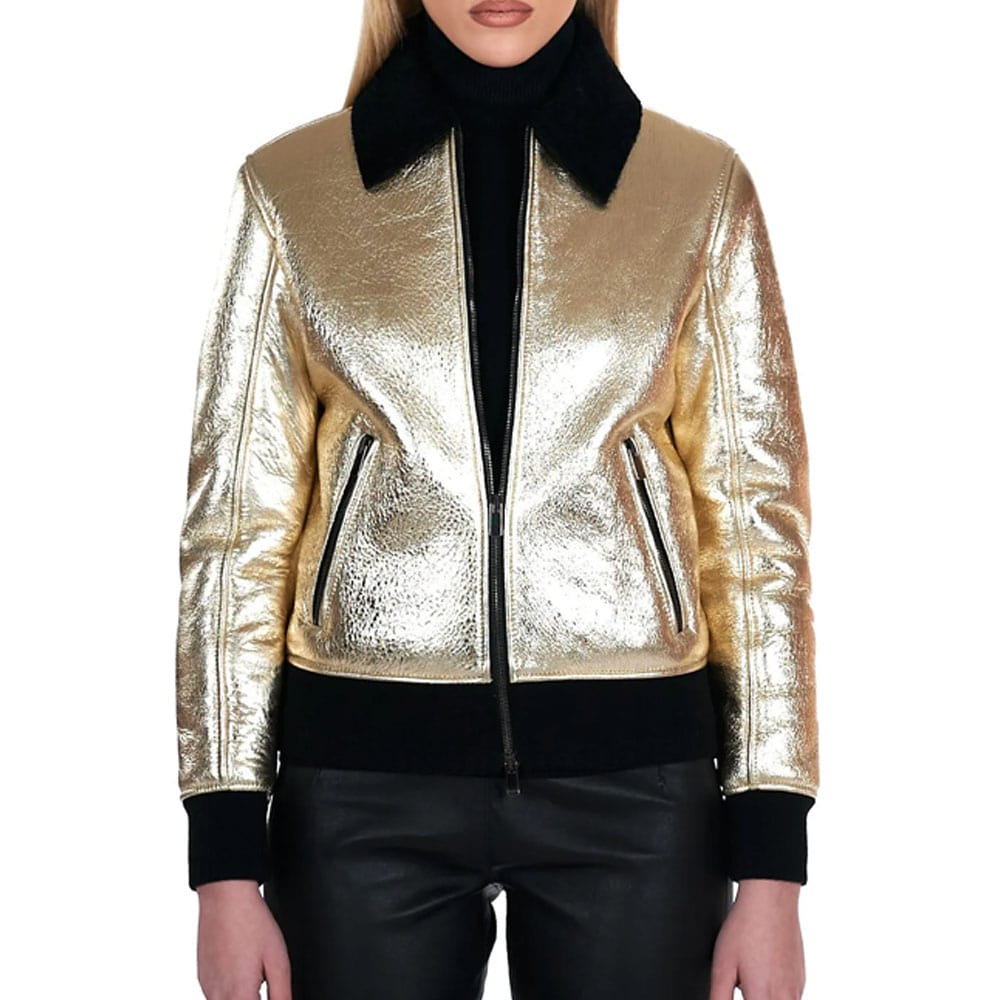Gold laminated shearling bomber jacket smooth effect
