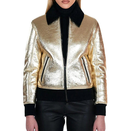 Gold laminated shearling bomber jacket smooth effect