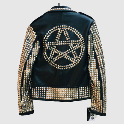 Handmade Black Color Women Silver Metal Studded Punk Leather Jacket