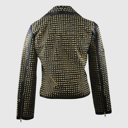 Ladies Black Leather Golden Studded Stylish Jacket Studded Punk Jacket