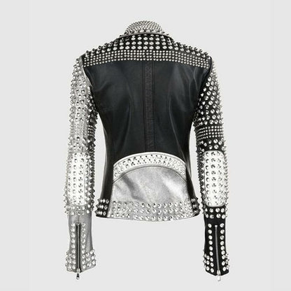 Ladies Brando Silver Black Cone Studded Leather Zippered Gothic Jacket