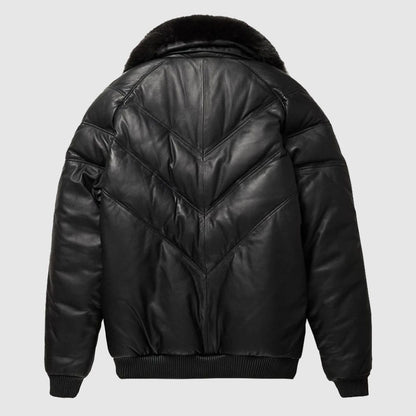 Leather V-Bomber Jacket Black with Black Fox Fur