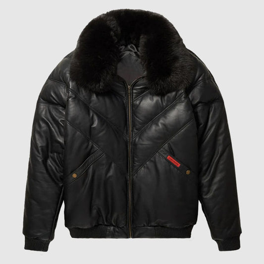 Leather V-Bomber Jacket Black with Black Fox Fur