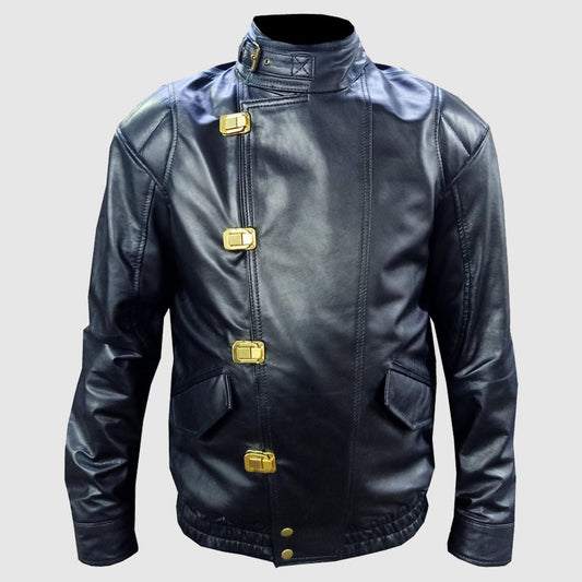 Men Akira Shotaro Kaneda Capsule Logo Pill Bomber Black Leather Jacket