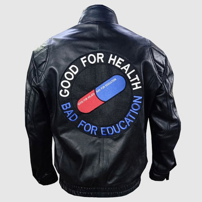 Men Akira Shotaro Kaneda Capsule Logo Pill Bomber Black Leather Jacket