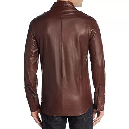 Mens Bold Fashion Real Sheepskin Brown Leather Shirt