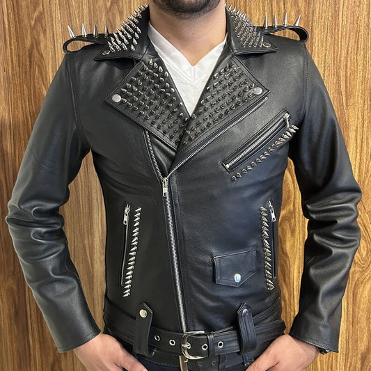 Men’s Brando Silver Studded Club Style Leather Jacket