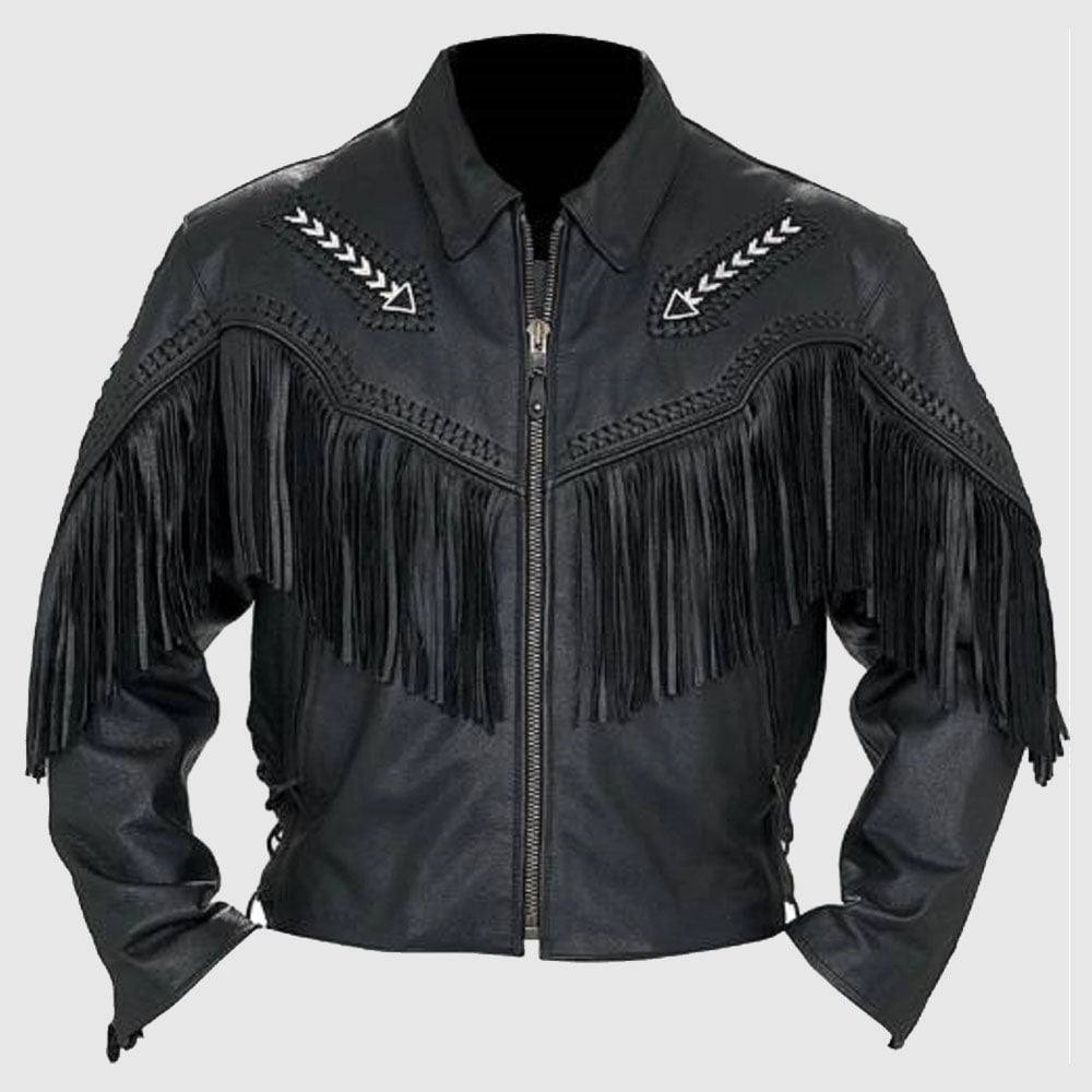 Men’s Fashion Western Style Arrow Real Leather Motorbike Jacket Black
