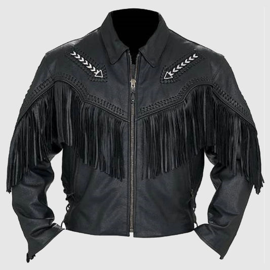 Men’s Fashion Western Style Arrow Real Leather Motorbike Jacket Black