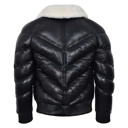 Men’s Leather V Bomber Puffer Winter Jacket with Fur Collar