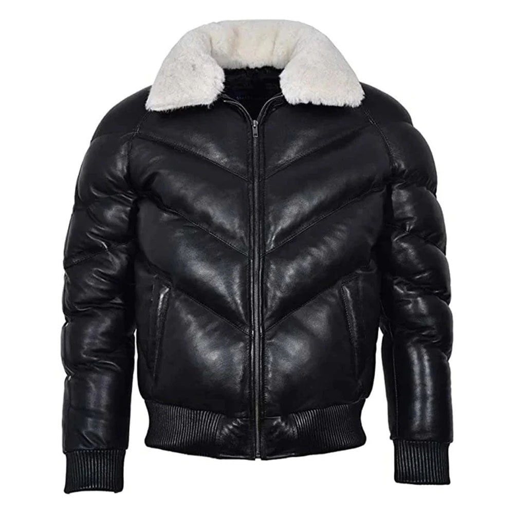 Men’s Leather V Bomber Puffer Winter Jacket with Fur Collar