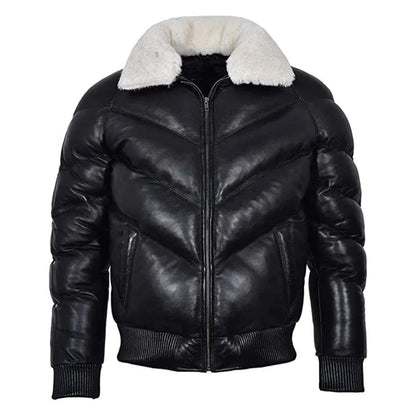 Men’s Leather V Bomber Puffer Winter Jacket with Fur Collar