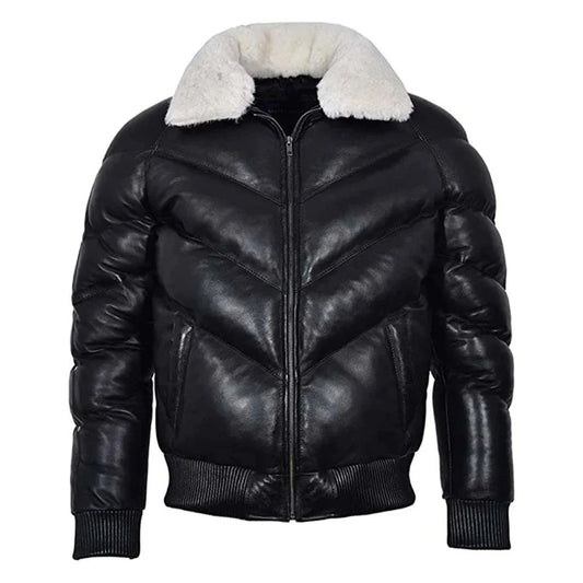 Men’s Leather V Bomber Puffer Winter Jacket with Fur Collar