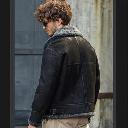 Men’s Shearling Flight Jacket Black Sheepskin Coat For Men