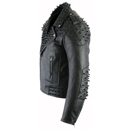 Black Metal Studded Full Sleeve Multipocketed Original Leather Jacket