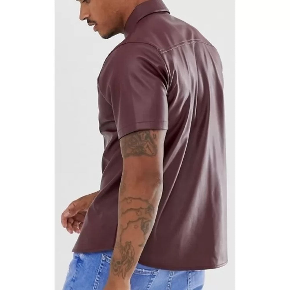 Mens Street Style Short Sleeve Real Sheepskin Burgundy Leather Shirt