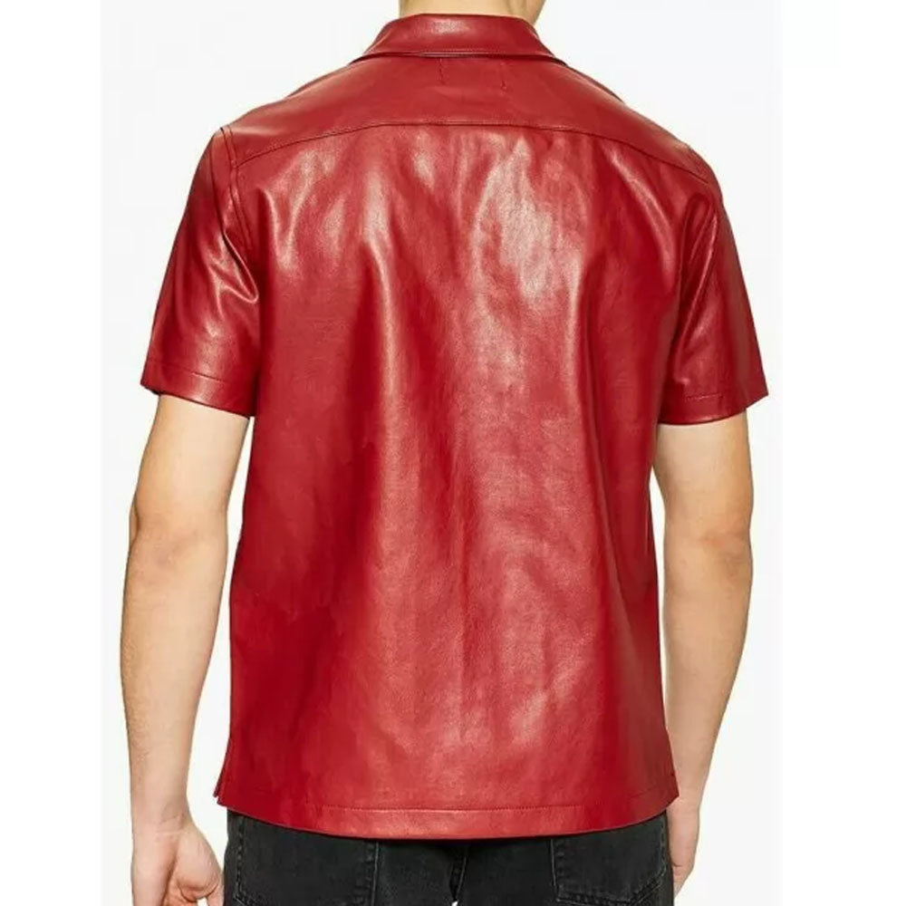 Mens Stylish Short Sleeve Real Sheepskin Red Leather Shirt