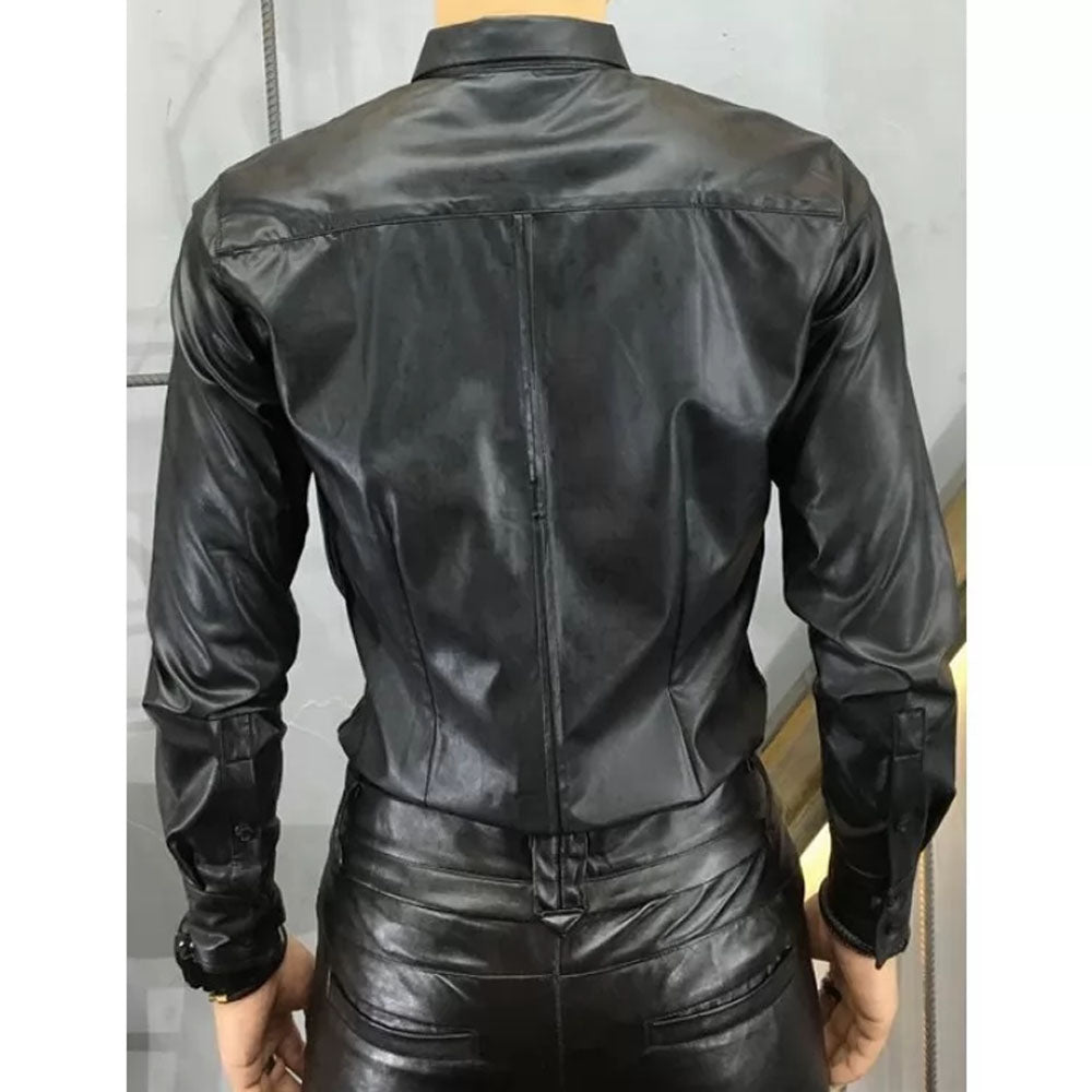 Mens Trendy Real Sheepskin Black Leather Shirt