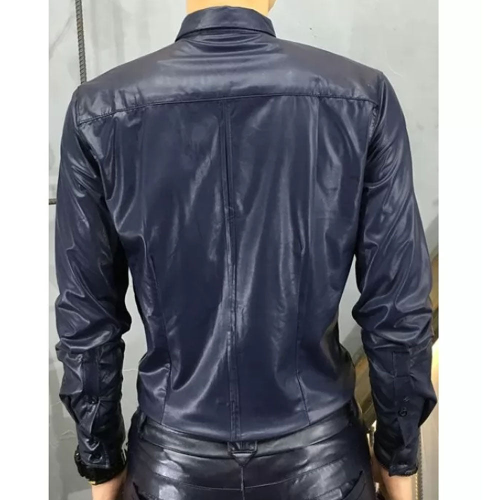 Mens Trendy Real Sheepskin Blue Leather Shirt