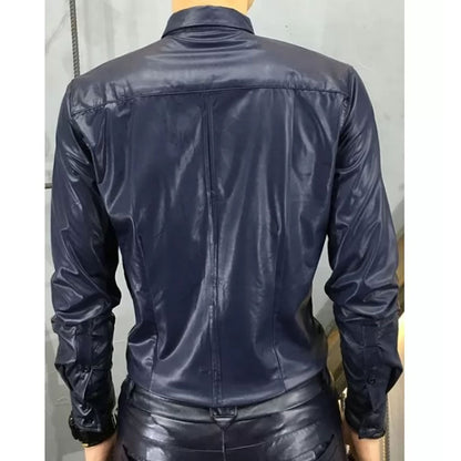 Mens Trendy Real Sheepskin Blue Leather Shirt
