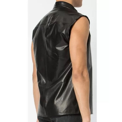 Mens Unique Style Sleeveless Real Sheepskin Black Leather Shirt