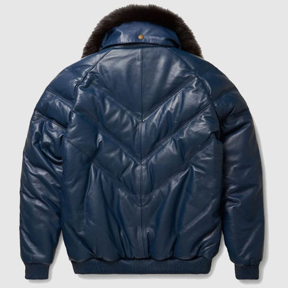 Mens V-Bomber Navy Leather Jacket