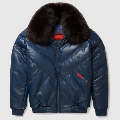 Mens V-Bomber Navy Leather Jacket