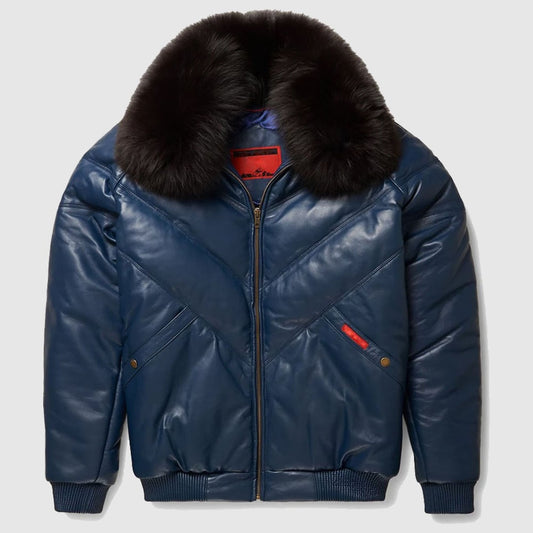Mens V-Bomber Navy Leather Jacket