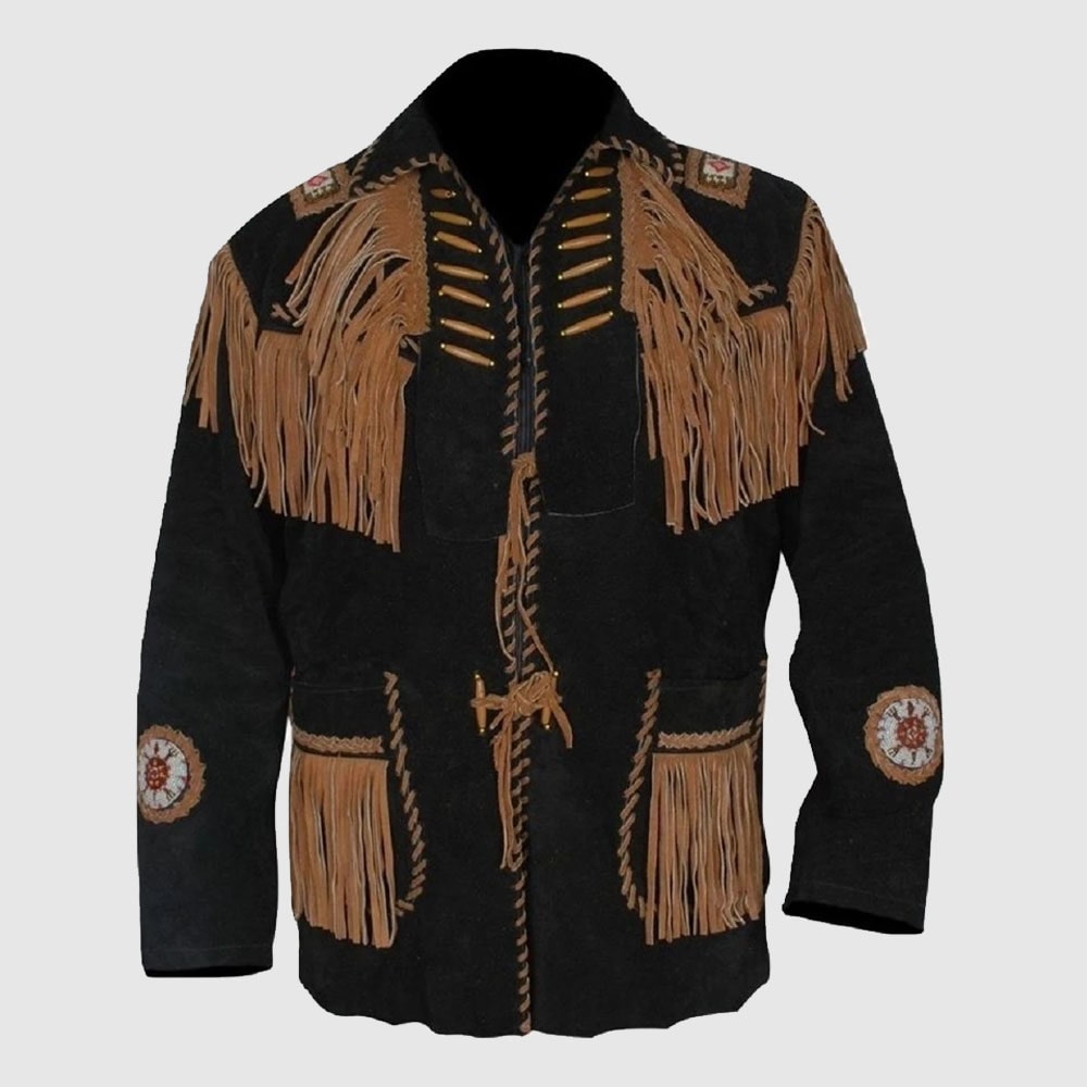 Men’s Western coat cowboy suede leather jacket with Fringes Black