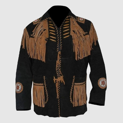 Men’s Western coat cowboy suede leather jacket with Fringes Black