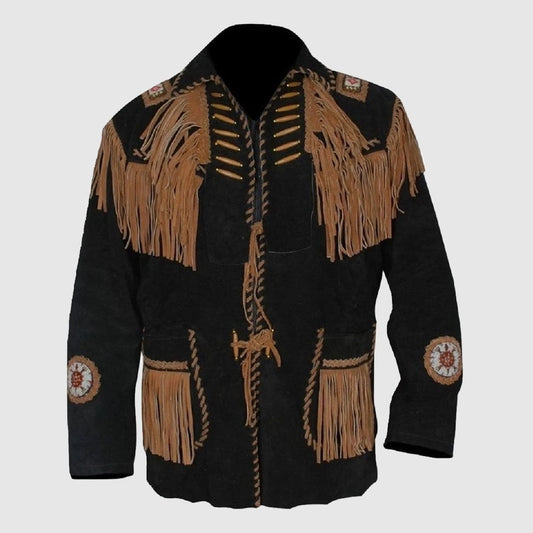 Men’s Western coat cowboy suede leather jacket with Fringes Black
