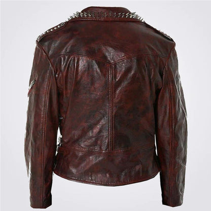 Men Full Red Waxed Punk Metallic Spiked Studded Zippered Leather Jacket