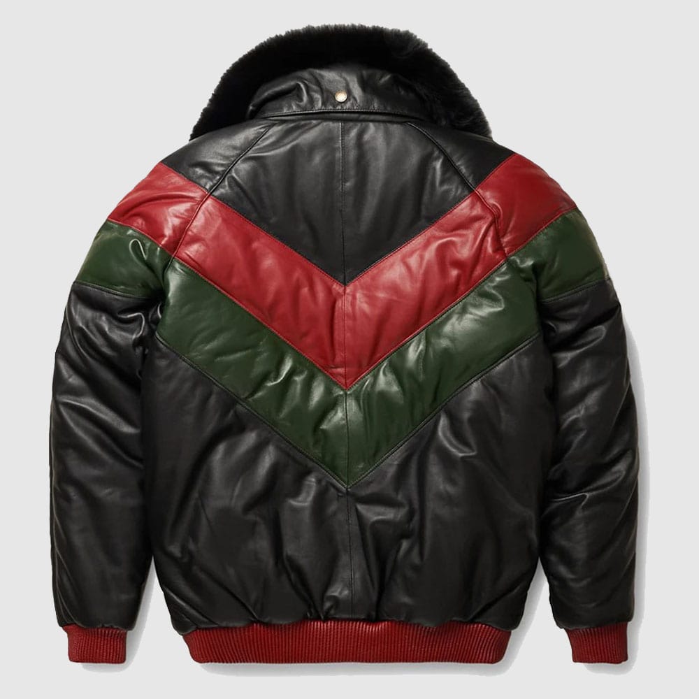 Red, Green And Black V-Bomber Leather Jacket