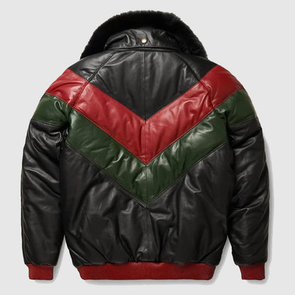 Red, Green And Black V-Bomber Leather Jacket