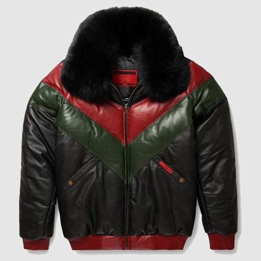 Red, Green And Black V-Bomber Leather Jacket