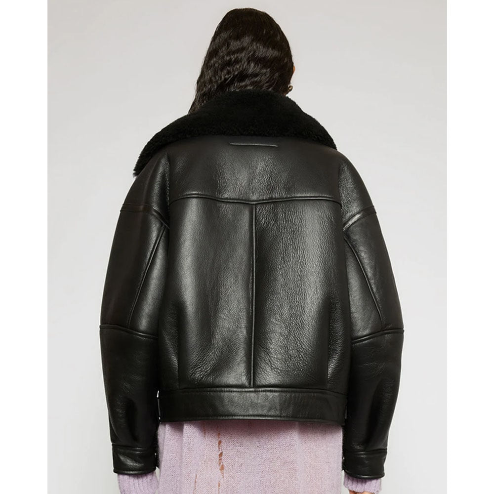 Shearling aviator black fur Leather jacket